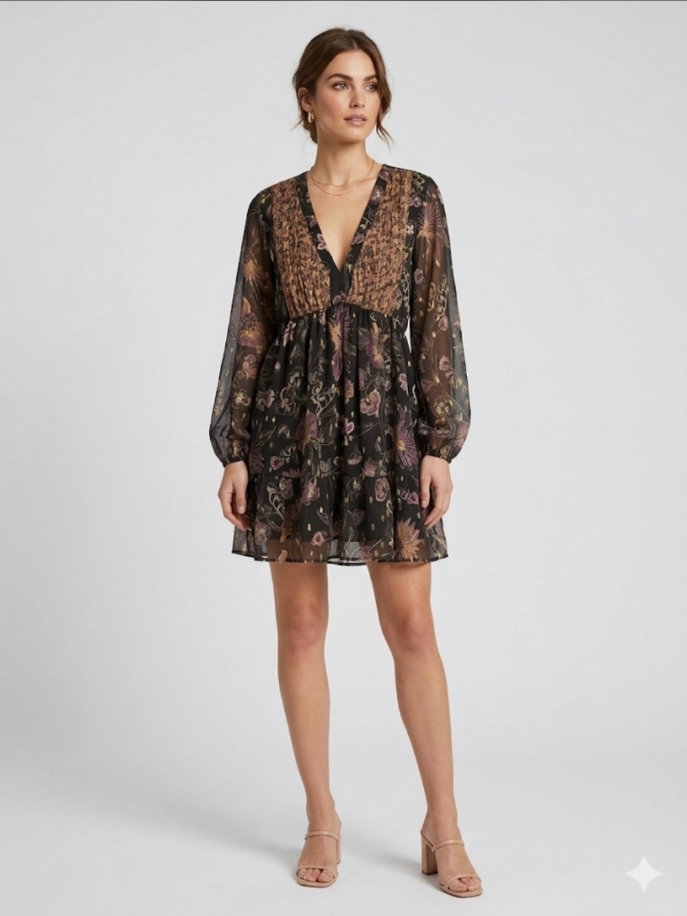 Black Floral V-Neck Long-Sleeve Mini Dress Or Tunic